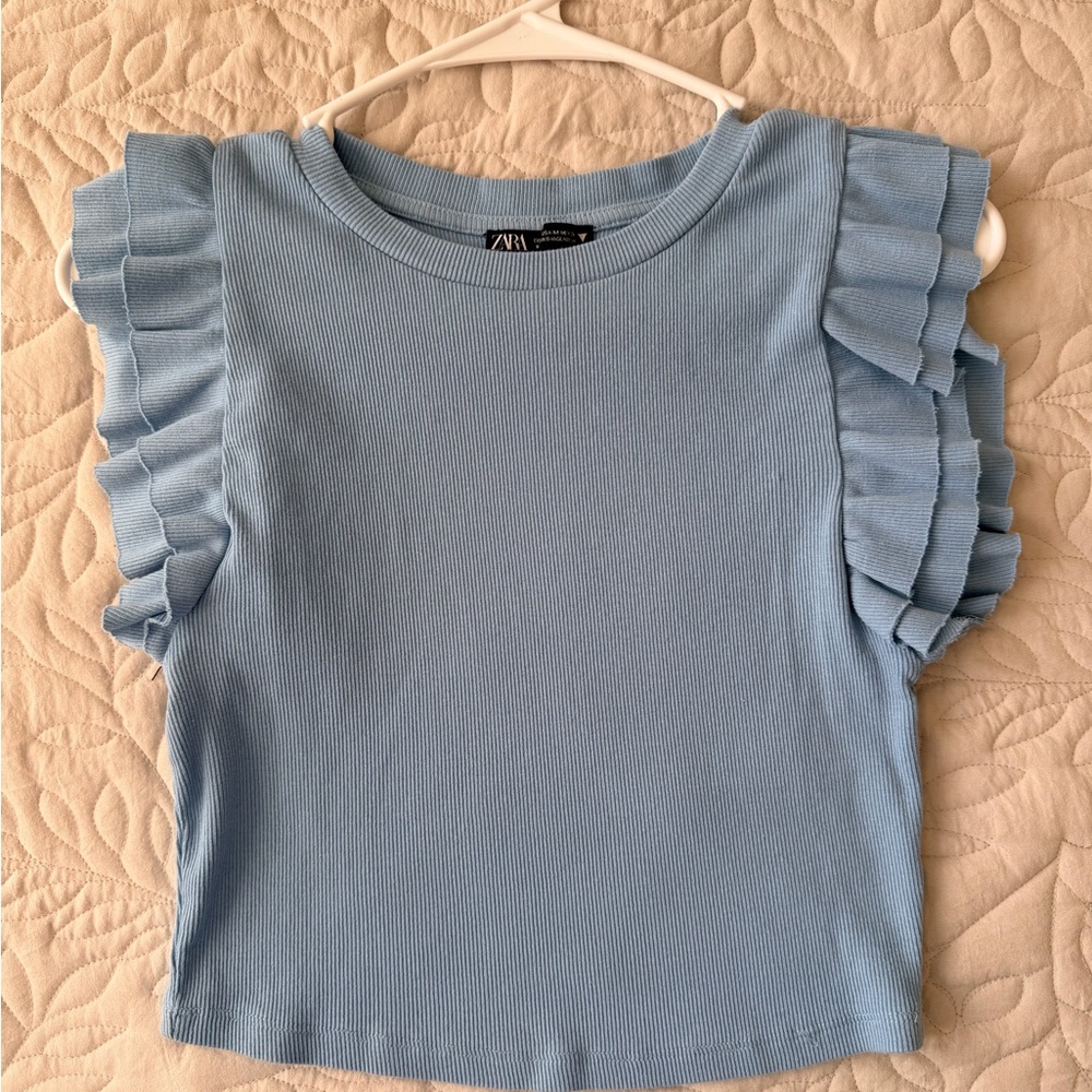 Zara Cropped Sky Blue Ruffle Sleeve Tank Top